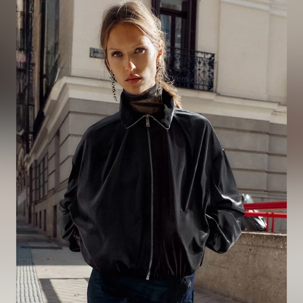 Zara ZW Collection Velvet Bomber Jacket, Black, Small, Gorgeous, NWT